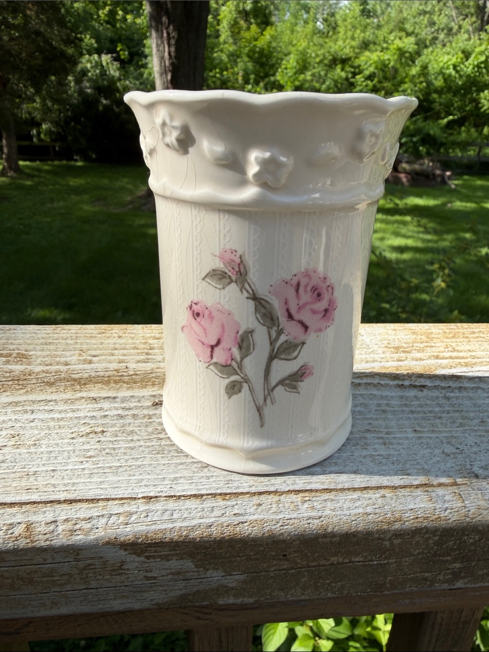 Floral Ceramic Vase with Pink Rose Motif